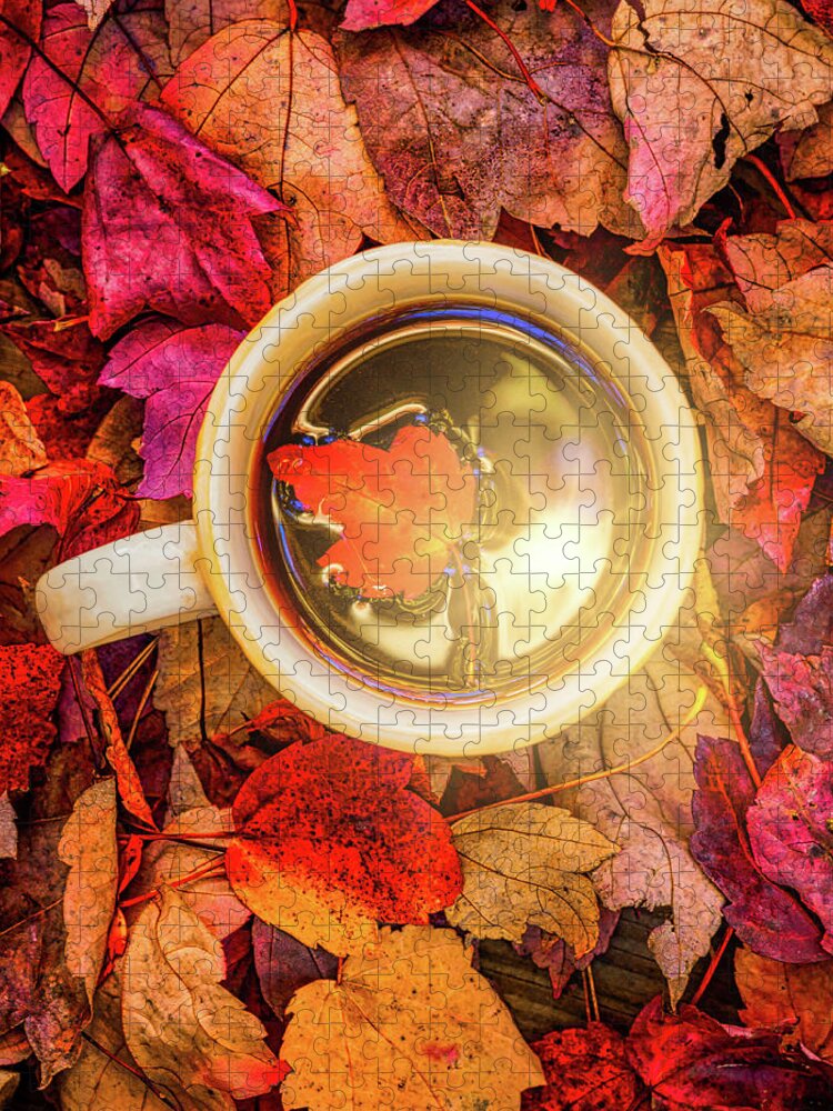 Food Jigsaw Puzzle featuring the photograph Hot Coffee and Autumn Leaves by Bob Orsillo