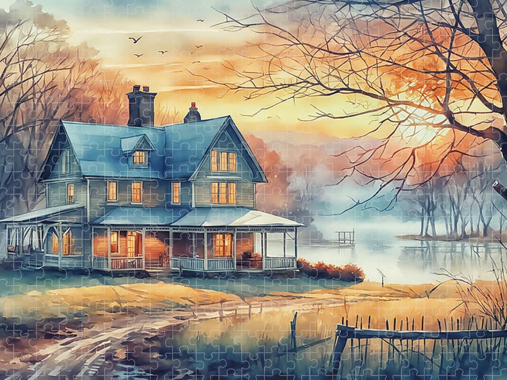 House Jigsaw Puzzle featuring the digital art House in the mist by Manjik Pictures