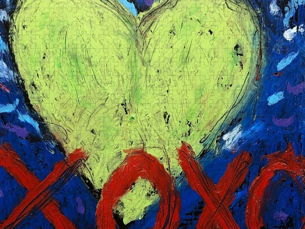 Xoxo Jigsaw Puzzle featuring the mixed media Hugs and Kisses with Green Heart by Lynda Zahn