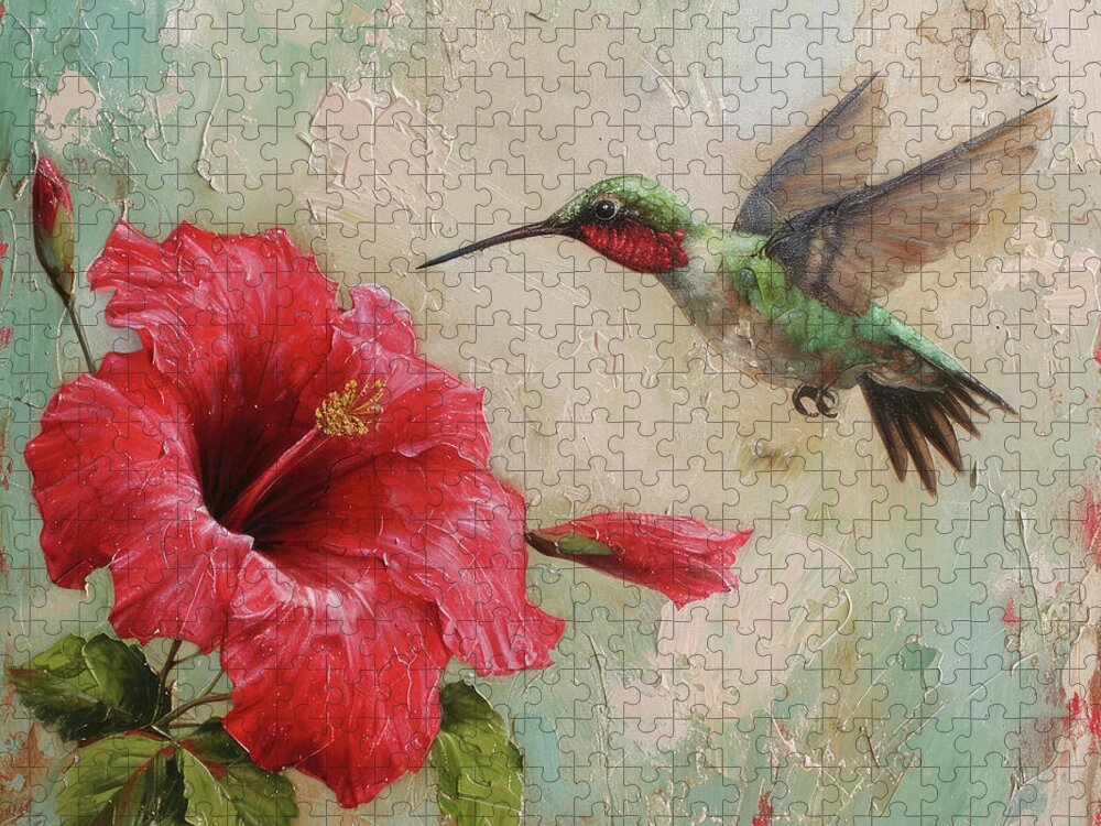 Hummingbird Jigsaw Puzzle featuring the painting Hummingbird And The Hibiscus by Tina LeCour