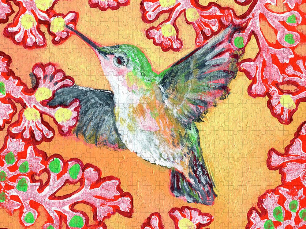 Hummingbird Jigsaw Puzzle featuring the painting Hummingbird in Flight by Jennifer Lommers