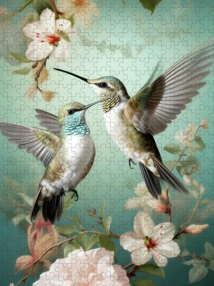 Bird Jigsaw Puzzle featuring the mixed media Hummingbirds by Jacky Gerritsen