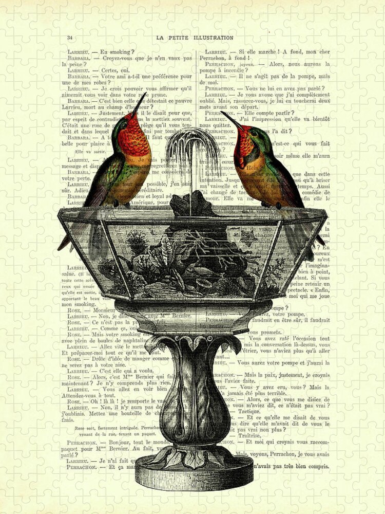 Bird Puzzle featuring the mixed media Hummingbirds on water fountain book page art by Madame Memento