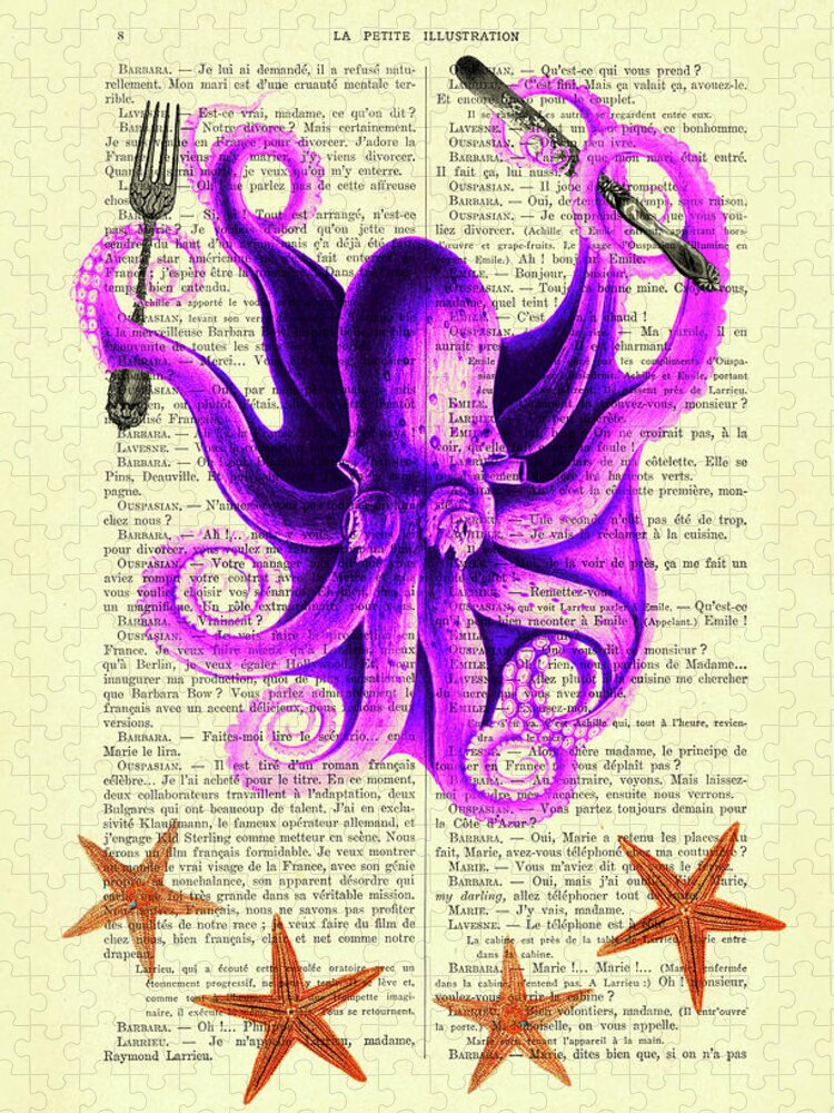 Octopus Jigsaw Puzzle featuring the mixed media Hungry Octopus by Madame Memento