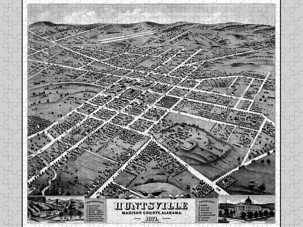 Huntsville Jigsaw Puzzle featuring the photograph Huntsville Alabama Vintage Map Birds Eye View 1871 Black and White by Carol Japp