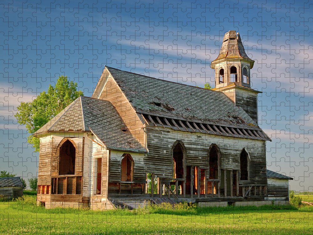 Hurricane Lake Jigsaw Puzzle featuring the photograph Hurricane Lake Lutheran Church in Pierce County ND - long exposure by Peter Herman