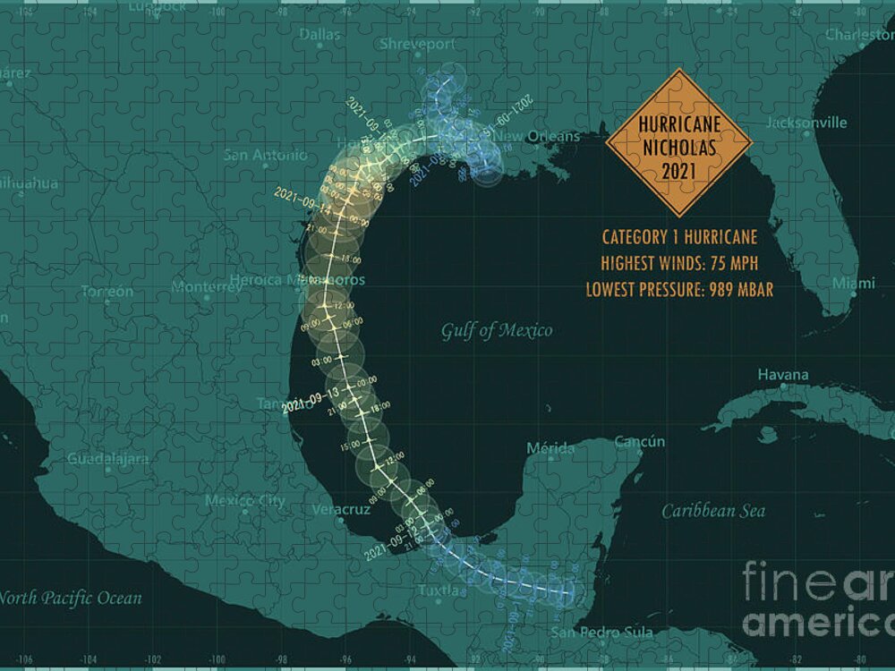 Cartography Jigsaw Puzzle featuring the digital art Hurricane Nicholas 2021 Track North Atlantic Ocean Infographic by Frank Ramspott