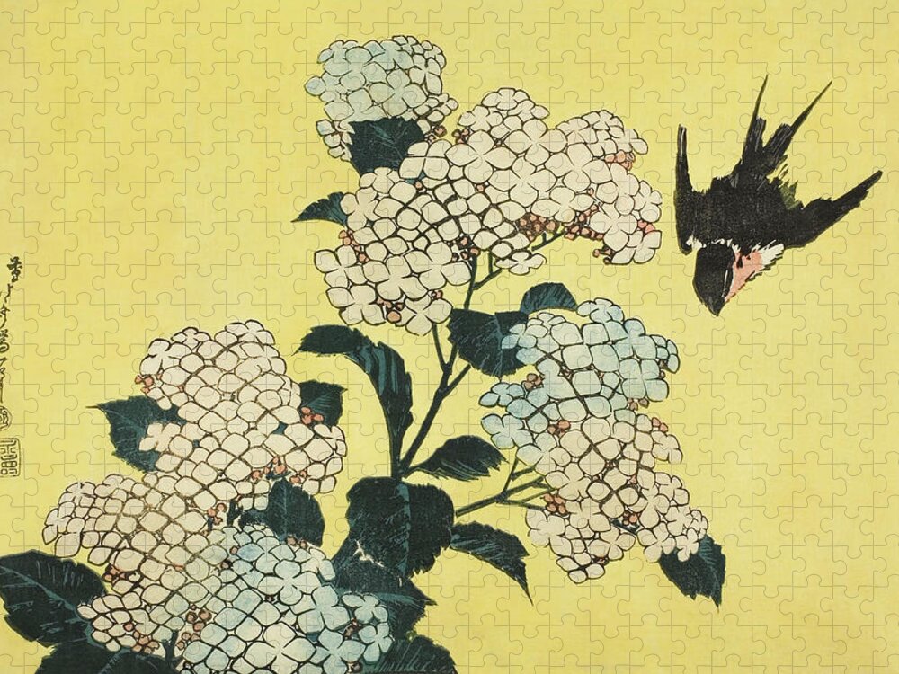 Antique Jigsaw Puzzle featuring the digital art Hydrangea and Swallo - from an untitled series of large flowers 1833-34 by Katsushika Hokusai by Steve Hayhurst