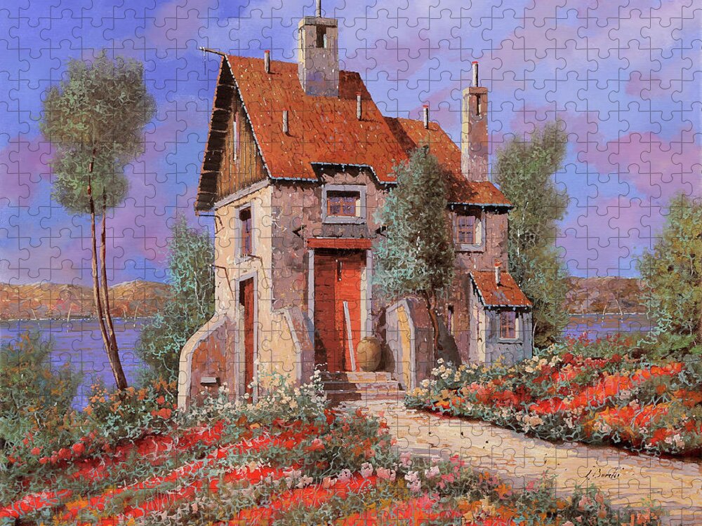 Lakescape Jigsaw Puzzle featuring the painting I Prati Rossi by Guido Borelli