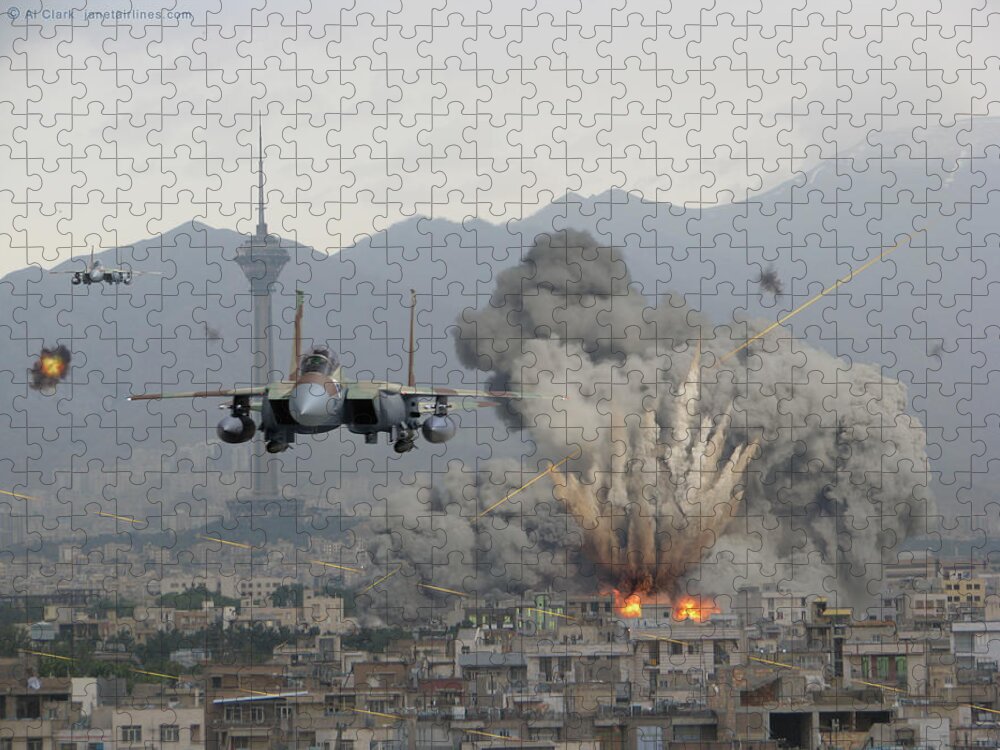 Eagle Jigsaw Puzzle featuring the digital art IAF F-15Is Retaliate over Tehran by Custom Aviation Art