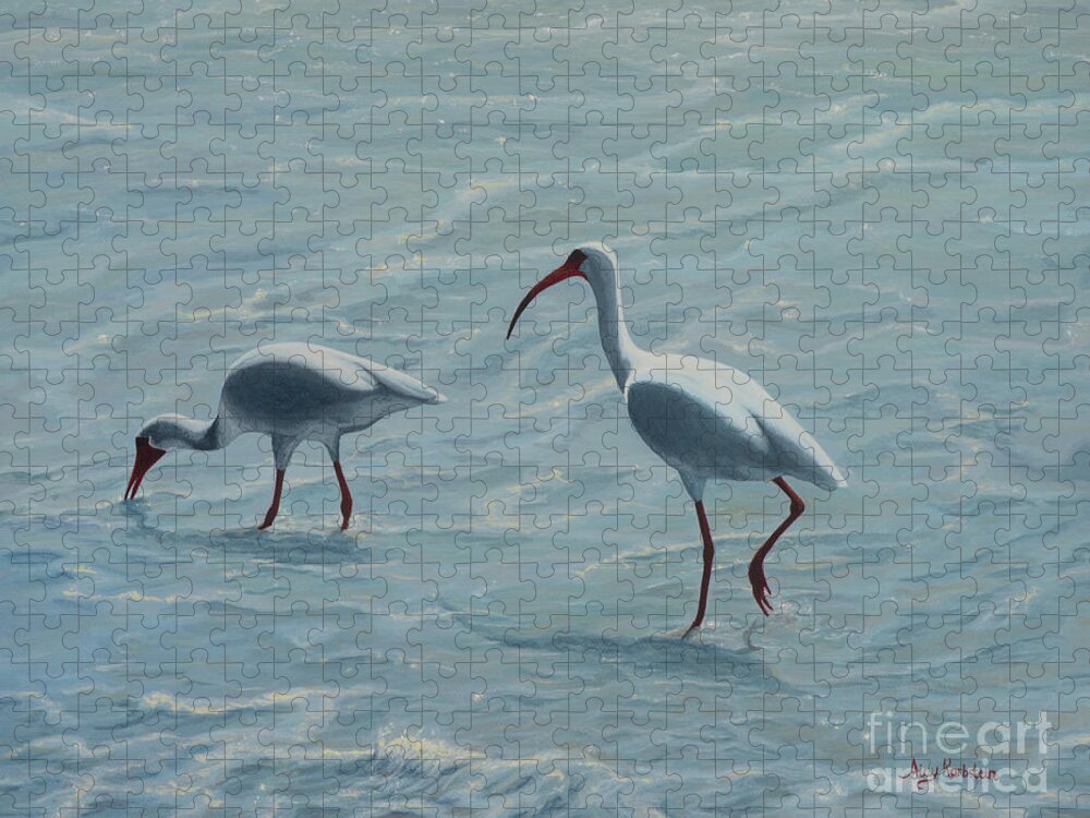 Ibis Jigsaw Puzzle featuring the painting Ibises at the Beach by Aicy Karbstein
