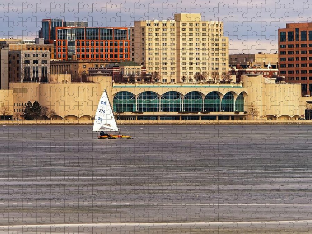 Ice Boats Jigsaw Puzzle featuring the photograph Ice boat and Monona Terrace - Madison - Wisconsin by Steven Ralser