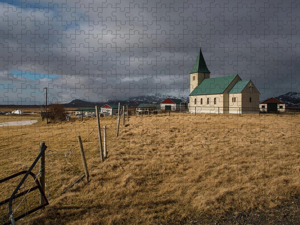Icelandic Jigsaw Puzzle featuring the photograph Icelandinc landscape with traditional church in Iceland by Michalakis Ppalis