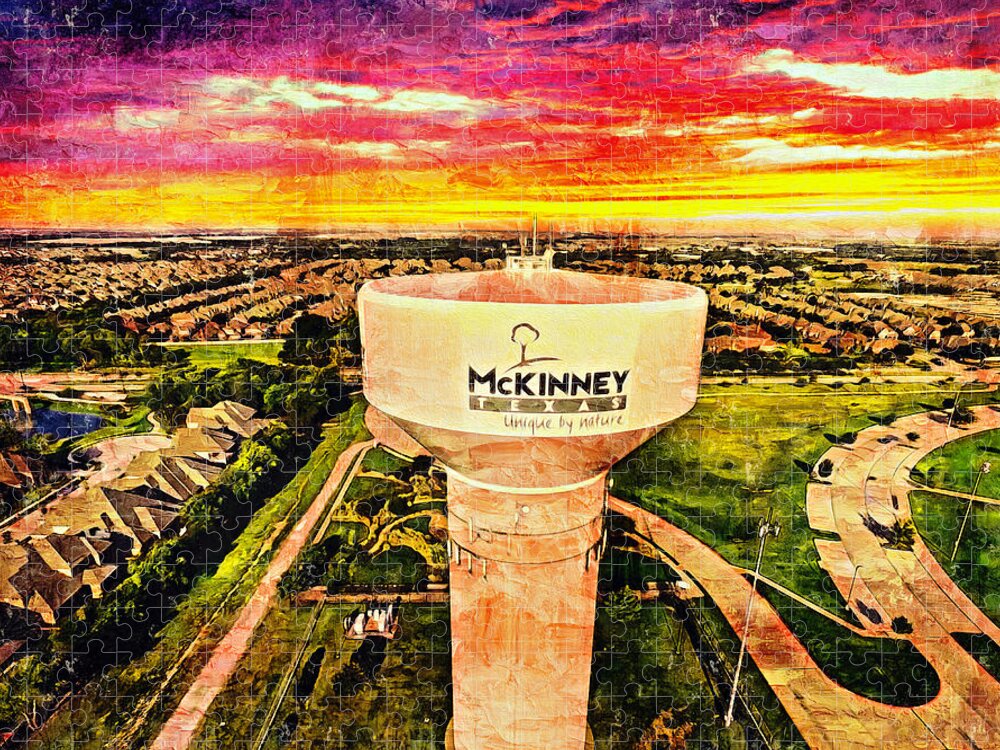 Water Tower Jigsaw Puzzle featuring the digital art Iconic water tower in western McKinney, Texas, at sunset by Nicko Prints