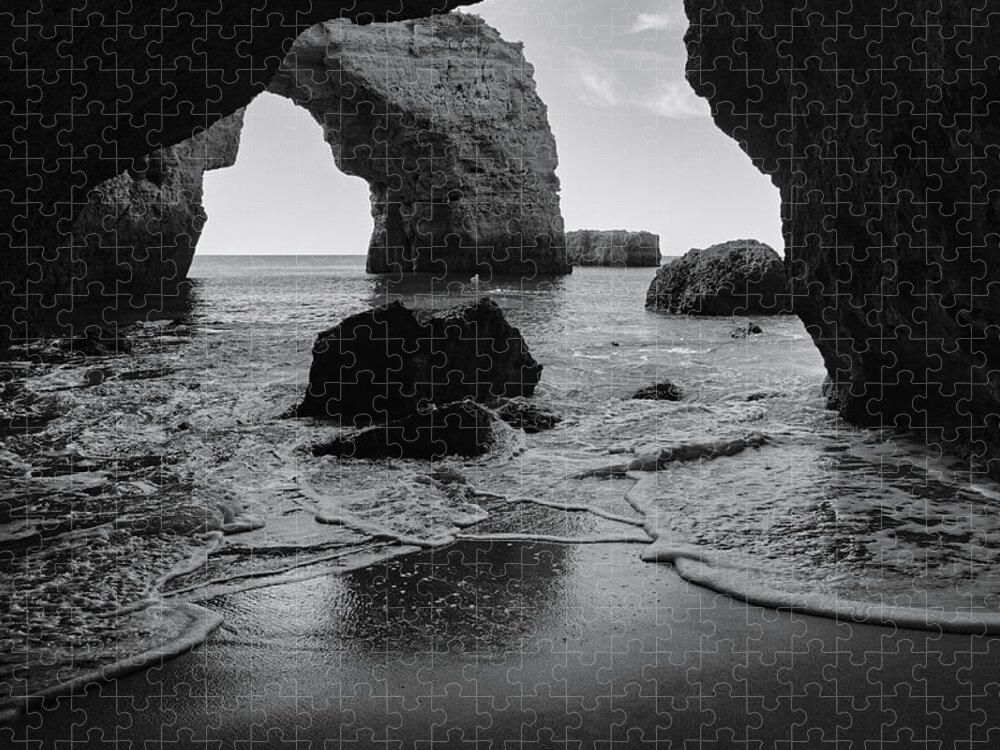 Portuguese Beach Jigsaw Puzzle featuring the photograph Idyllic Cave in Monochrome by Angelo DeVal