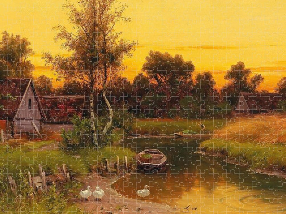 Sky Jigsaw Puzzle featuring the drawing Idyllic Evening Scene on the Spree by Walter Moras German