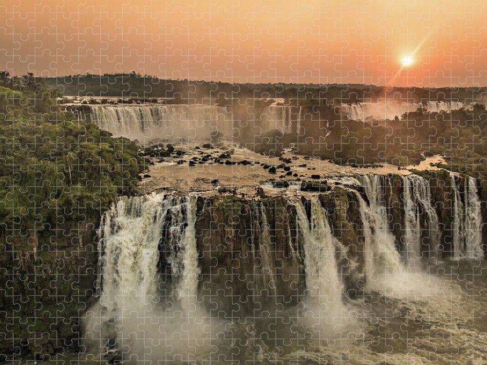 Waterfall Jigsaw Puzzle featuring the photograph Iguazu Sunset by Linda Villers