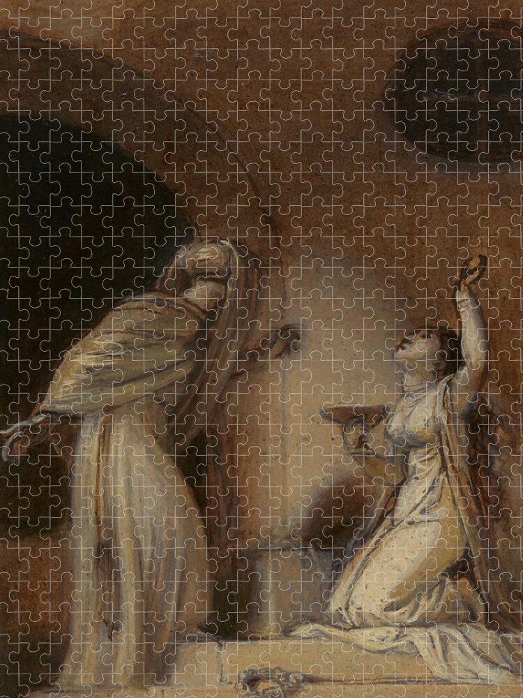 19th Century Jigsaw Puzzle featuring the drawing Illustration for an Eastern Romance, with Kneeling Female Figure at Right by Robert Smirke