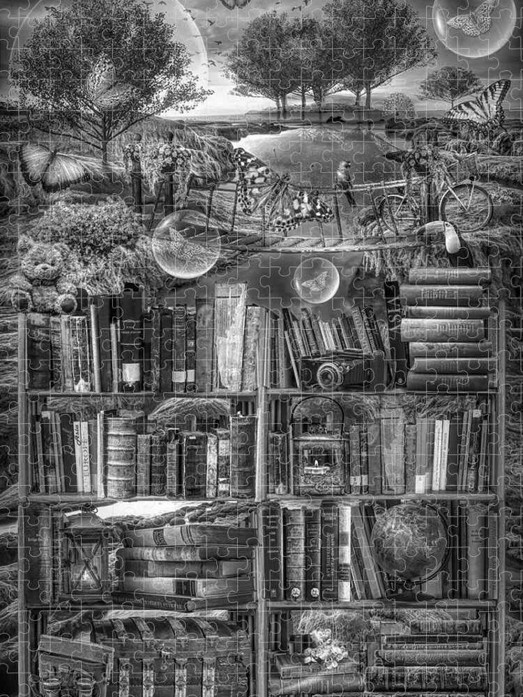Birds Jigsaw Puzzle featuring the digital art Imagination through Reading Books in Black and White by Debra and Dave Vanderlaan