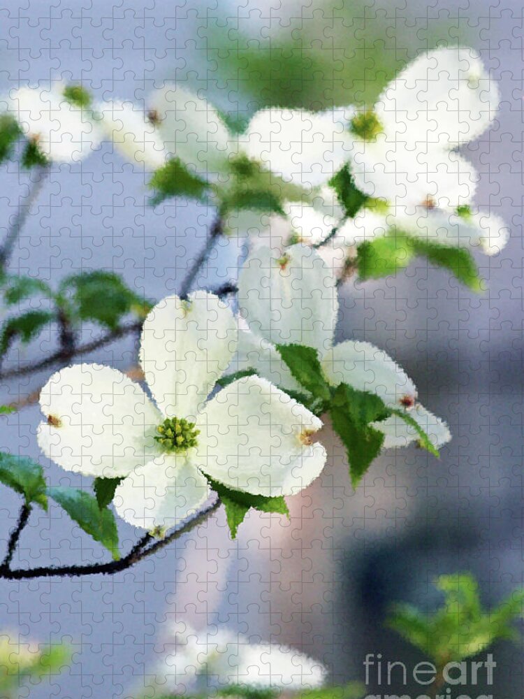 Dogwood; Dogwood Blossom; Blossom; Flower; Impressionist; Macro; Close Up; Petals; Green; White; Blue; Calm; Vertical; Pastel; Branches; Leaves; Tree Jigsaw Puzzle featuring the digital art Impression Dogwood 2 by Tina Uihlein