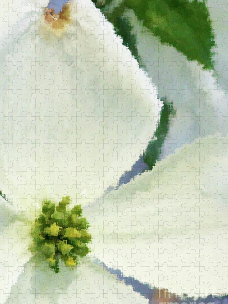 Dogwood; Dogwood Blossom; Blossom; Flower; Impressionist; Macro; Close Up; Petals; Green; White; Blue; Calm; Square; Pastel; Leaves; Tree; Branches Jigsaw Puzzle featuring the digital art Impression Dogwood 4 by Tina Uihlein