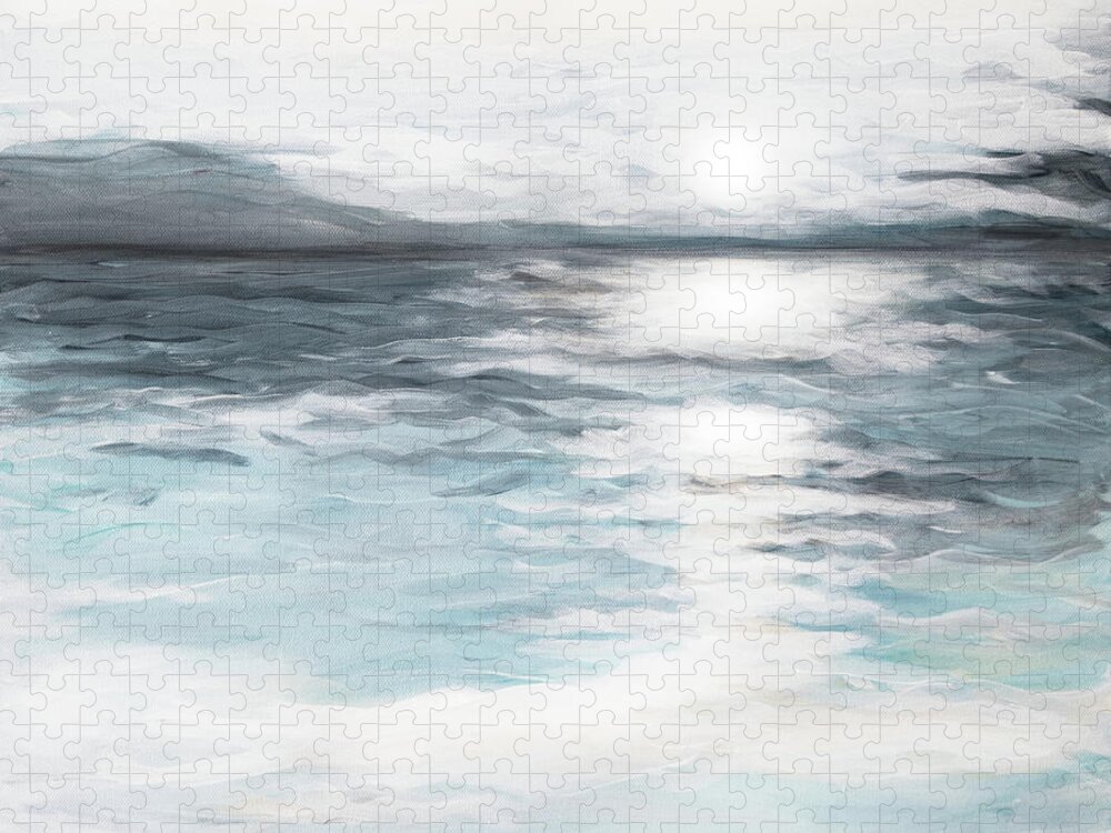 Impressionist Impressionistic Ocean Sunrise Soft Teal Indigo Blue White Reflection Jigsaw Puzzle featuring the painting Impression by Pamela Schwartz