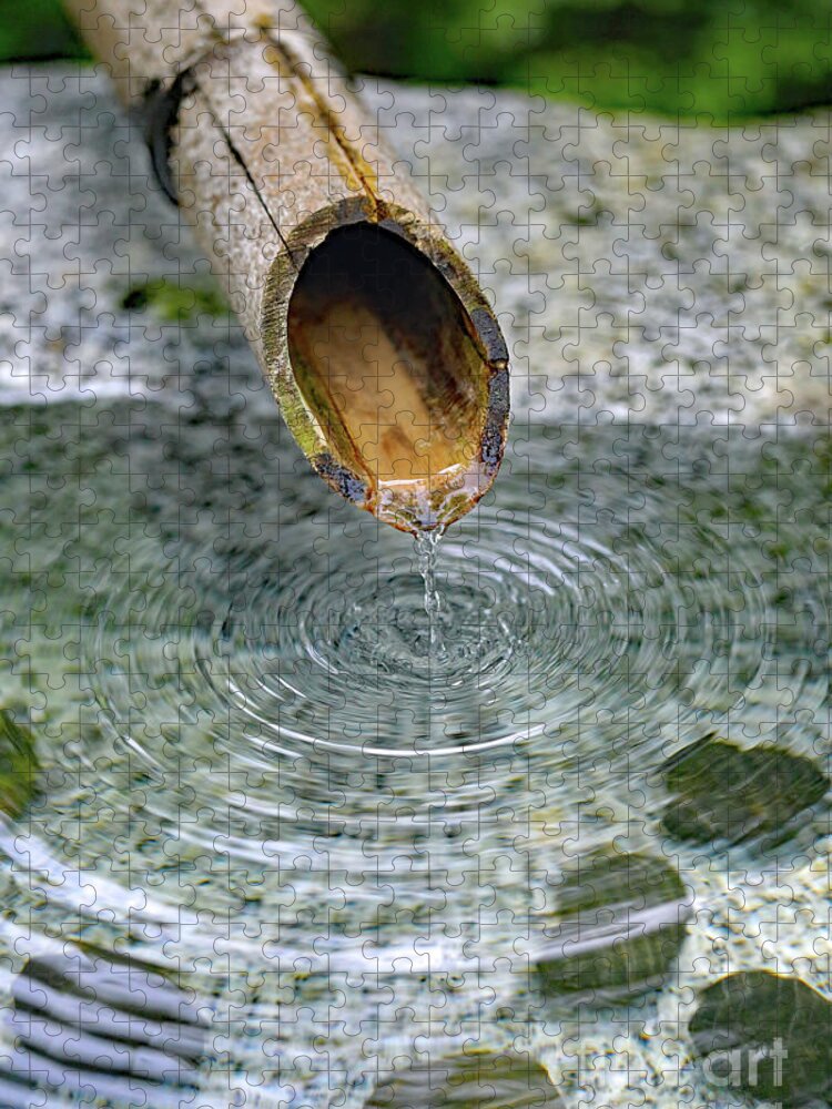 Water Fountain; Fountain; Japanese Fountain; Japanese Garden; Zen; Water; Drip; Droplets; Bamboo; Pool; Stone; Pebbles; Green; Jigsaw Puzzle featuring the photograph In a Japanese Garden by Tina Uihlein