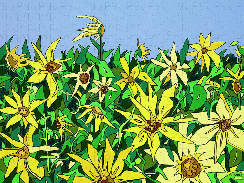 Sunflowers Long Island Summer Flowers Sun Jigsaw Puzzle featuring the painting In Northfork Gardens by Mike Stanko