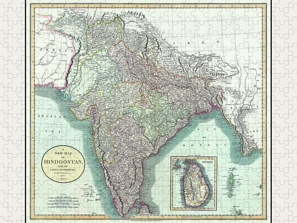 India Map Jigsaw Puzzle featuring the photograph India Hindoostan Hindustan Vintage Historical Map 1806 by Carol Japp
