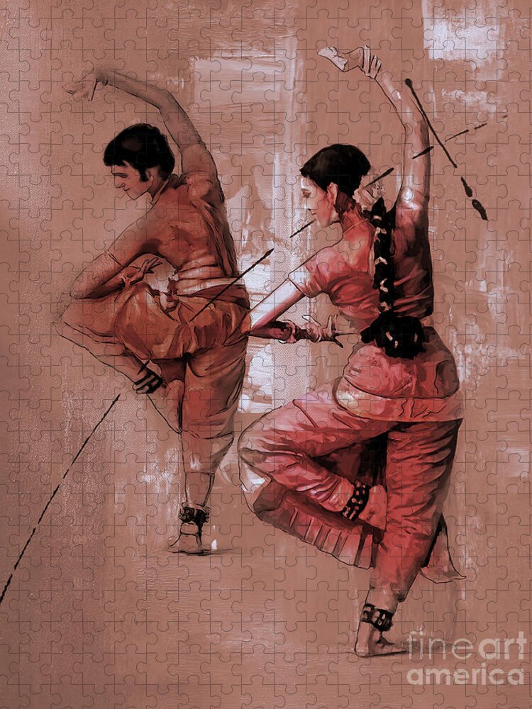 Indian Kathak Dance Jigsaw Puzzle featuring the painting Indian Kathak Couple dance 01 by Gull G