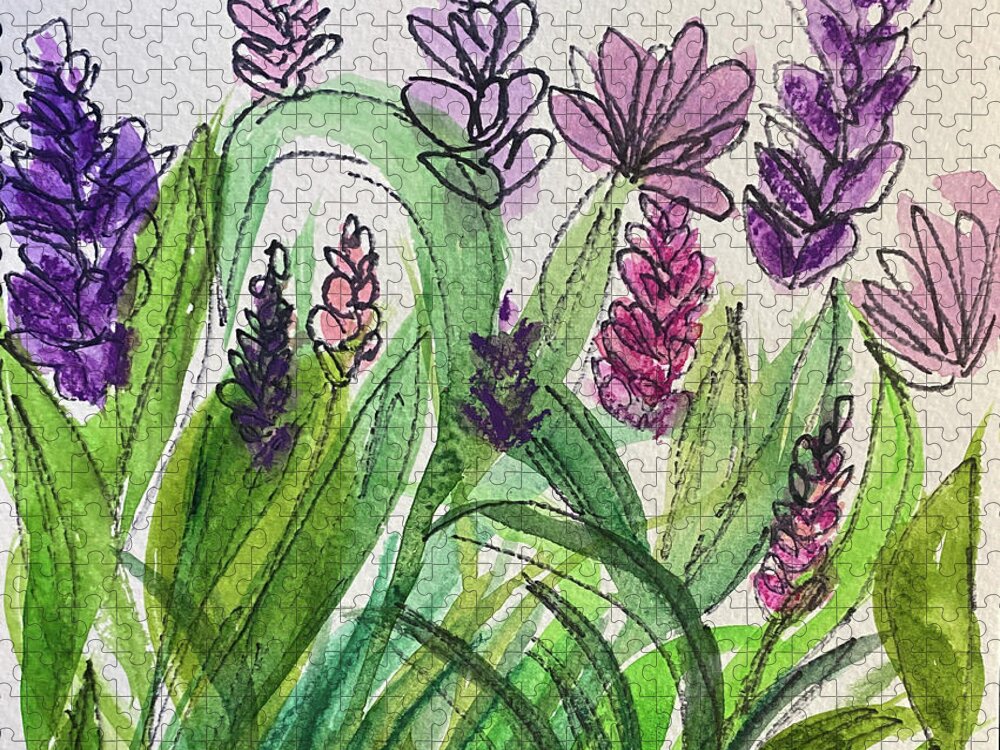 Purple Jigsaw Puzzle featuring the mixed media Ink and Wash Flowers by Lisa Neuman