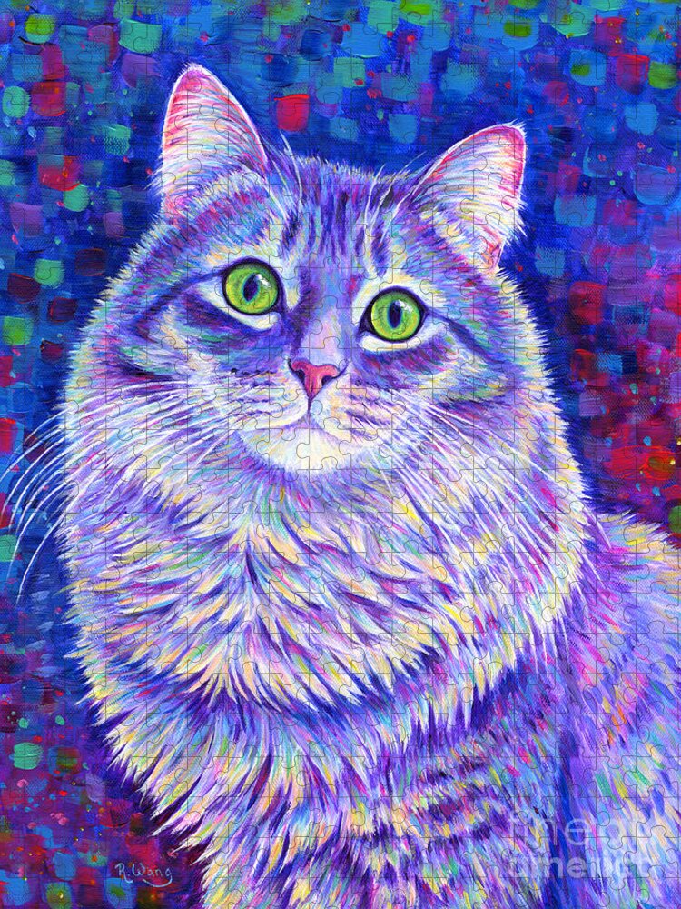 Gray Tabby Jigsaw Puzzle featuring the painting Iridescence - Colorful Gray Tabby Cat by Rebecca Wang