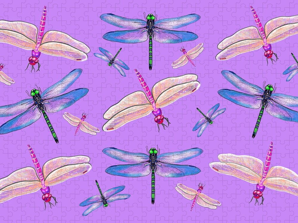 Dragonflies Jigsaw Puzzle featuring the mixed media Iridescent Dragonflies by Judy Cuddehe