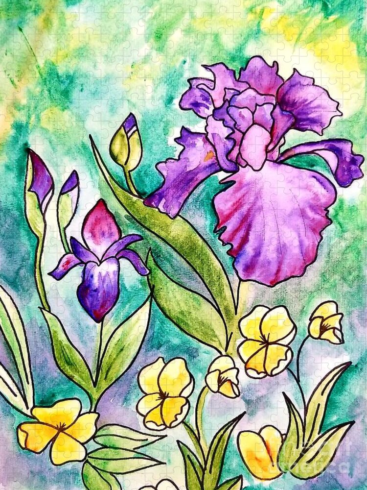 Watercolor Pen And Ink Jigsaw Puzzle featuring the painting Iris Garden in Watercolor by Expressions By Stephanie