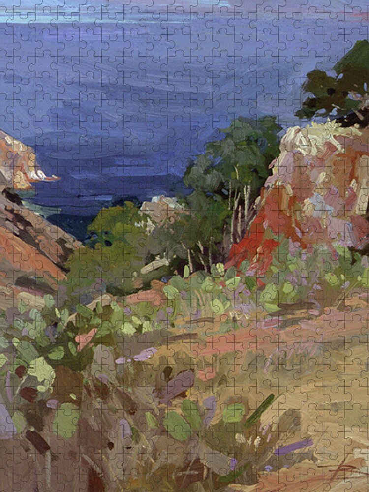 Catalina Island Plein Air Paintings Jigsaw Puzzle featuring the painting Ironwoods at Goat Harbor by Elizabeth - Betty Jean Billups