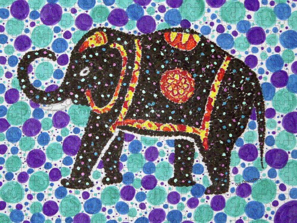 Elephant Jigsaw Puzzle featuring the drawing Irrelephant Bright Pen and Ink Circles Drawing of an Elephant by Ali Baucom