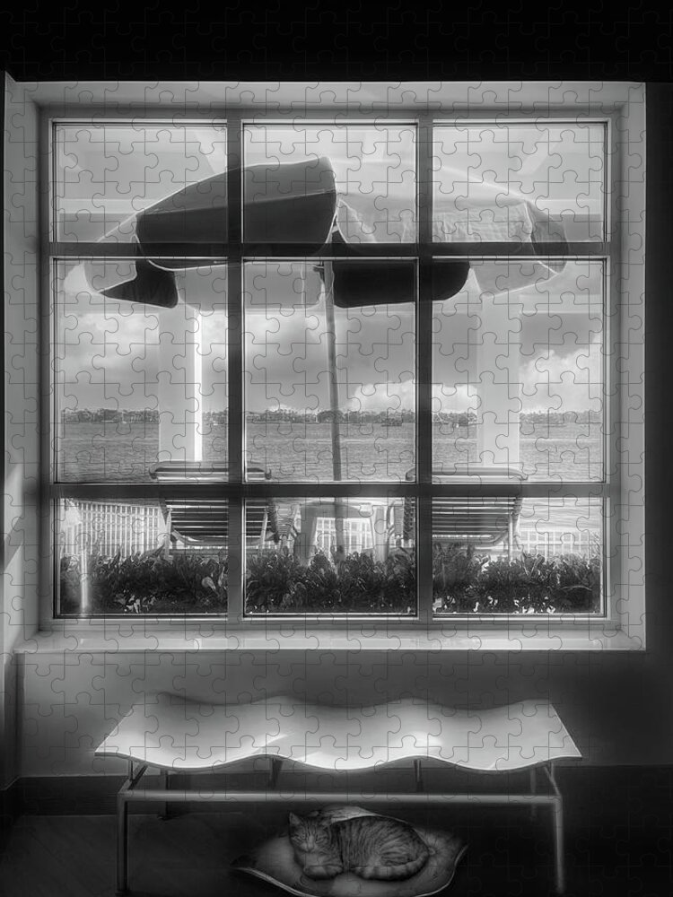 Black Jigsaw Puzzle featuring the photograph Island Umbrella through the Porch Window Black and White by Debra and Dave Vanderlaan
