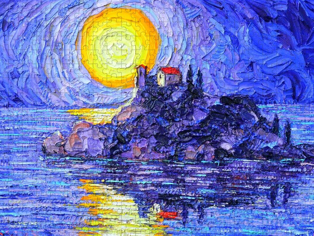 Sicily Jigsaw Puzzle featuring the painting ISOLA BELLA BY MOON Italy Sicily island textural impasto palette knife painting Ana Maria Edulescu  by Ana Maria Edulescu