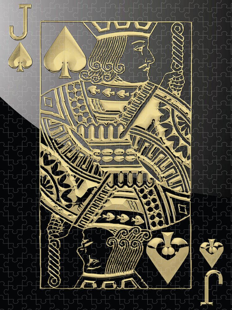 'gamble' Collection By Serge Averbukh Jigsaw Puzzle featuring the digital art Jack of Spades in Gold over Black by Serge Averbukh