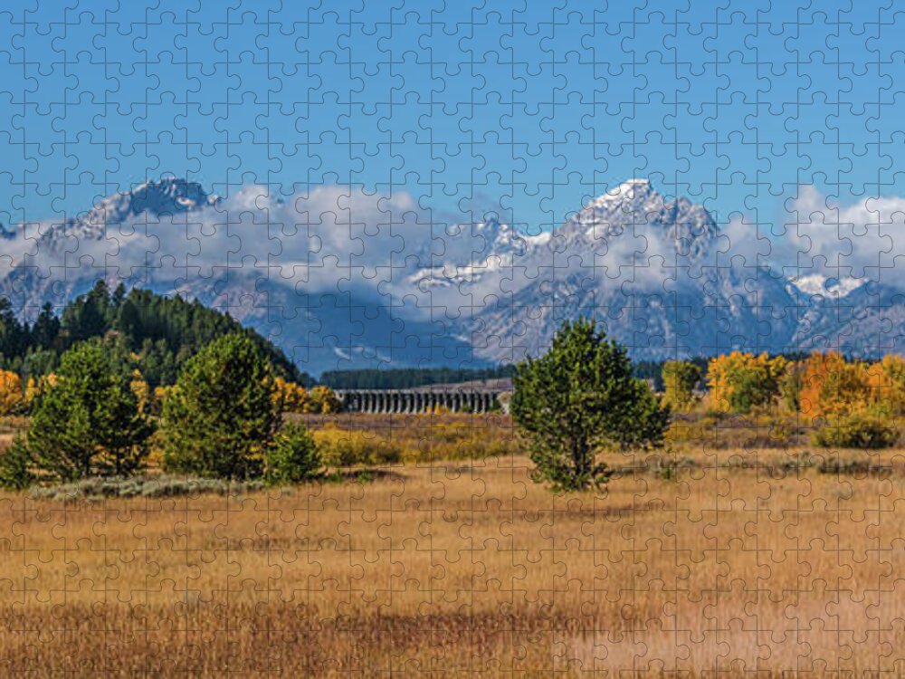 Autumn Jigsaw Puzzle featuring the photograph Jackson Lake Dam In Autumn by Yeates Photography