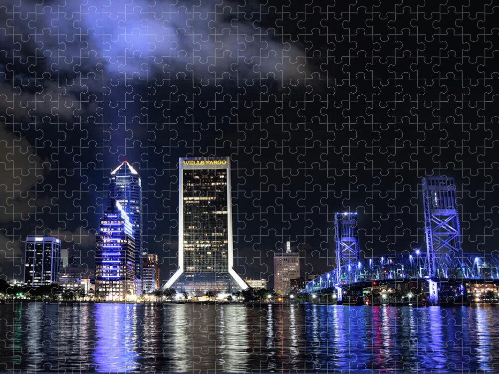 Jacksonville Jigsaw Puzzle featuring the photograph Jacksonville Florida Nightlight Cityscape by Rebecca Herranen