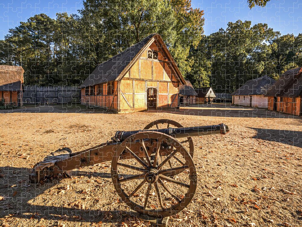 Jamestown Jigsaw Puzzle featuring the photograph James Fort Cannon and Church - Oil Painting Style by Rachel Morrison