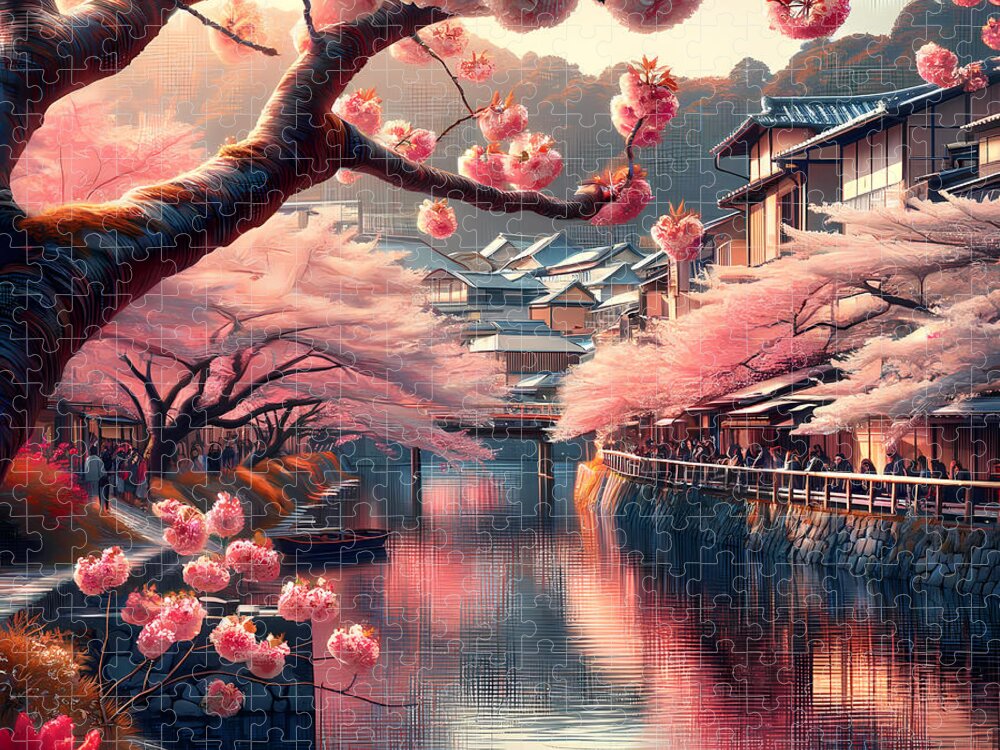 Japanese Jigsaw Puzzle featuring the digital art Japan Cherry Blossoms, A serene scene along river in Kyoto by Jeff Creation