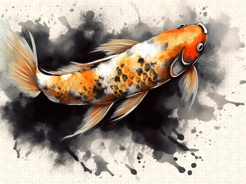 Koi Jigsaw Puzzle featuring the painting Japanese koi fish painting watercolor orange, black and gold on by N Akkash