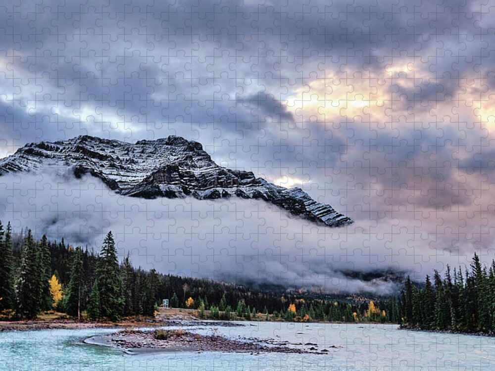 Cloud Jigsaw Puzzle featuring the photograph Jasper Mountain In The Clouds by Carl Marceau