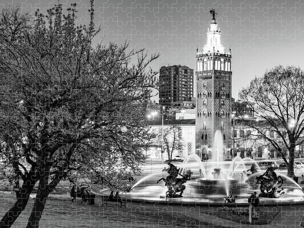 Jc Nichols Fountain Jigsaw Puzzle featuring the photograph J.C. Nichols Fountain and Giralda Tower - Kansas City Plaza in Monochrome by Gregory Ballos