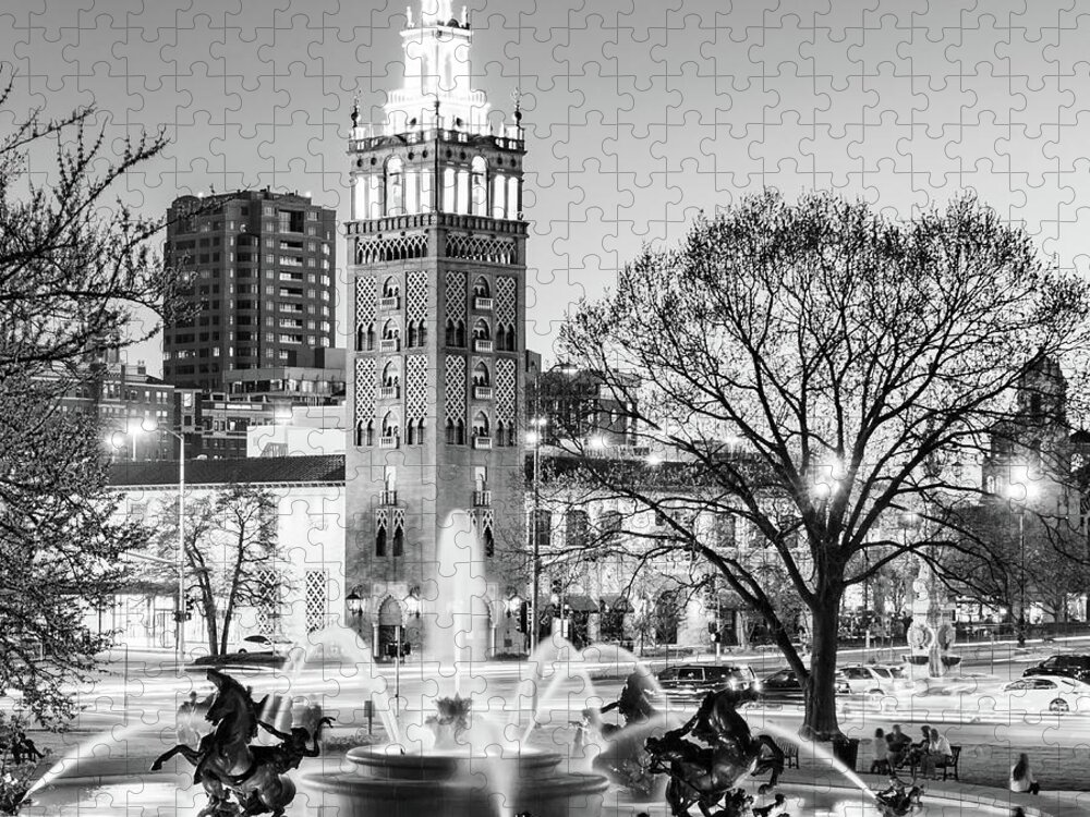Jc Nichols Fountain Jigsaw Puzzle featuring the photograph JC Nichols Fountain and Kansas City Plaza - Black and White 1x1 by Gregory Ballos