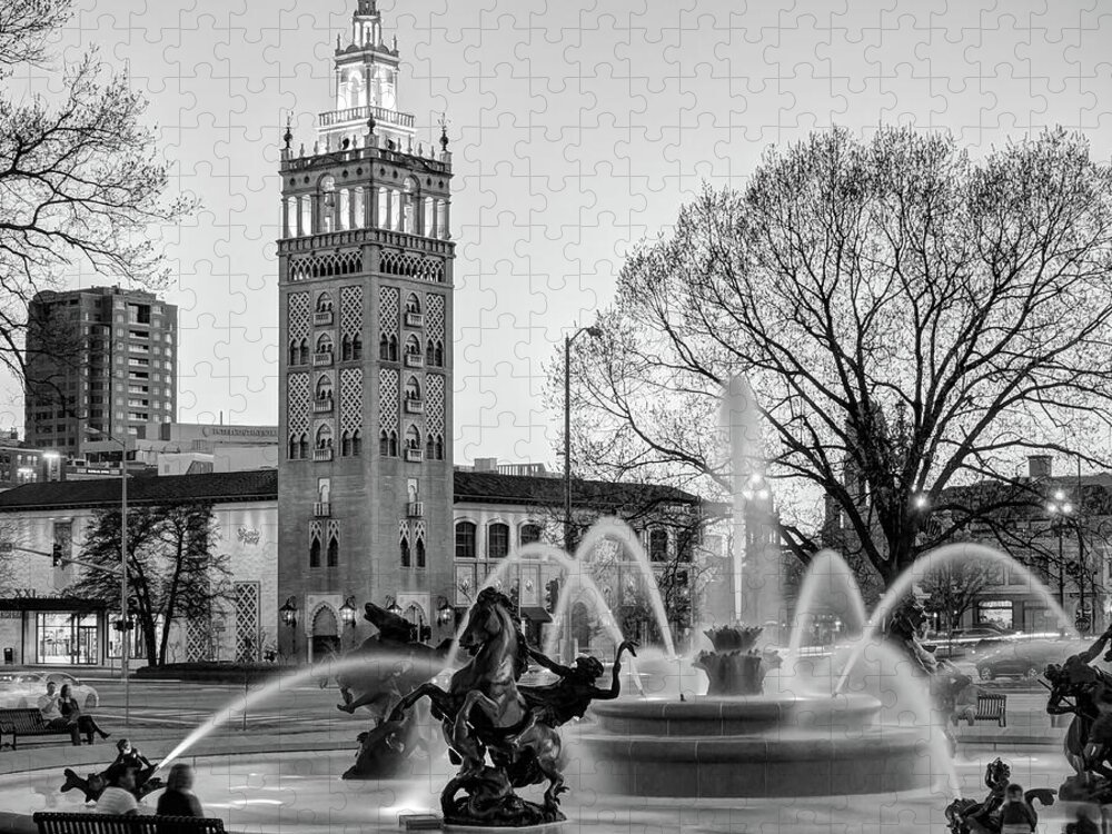 America Jigsaw Puzzle featuring the photograph J.C. Nichols Memorial Fountain in the Plaza - Kansas City BW Square Format by Gregory Ballos