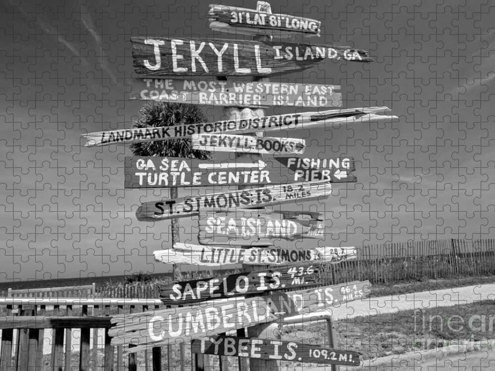 Jekyl Jigsaw Puzzle featuring the photograph Jekyll Island Beach Signs Black And White by Adam Jewell