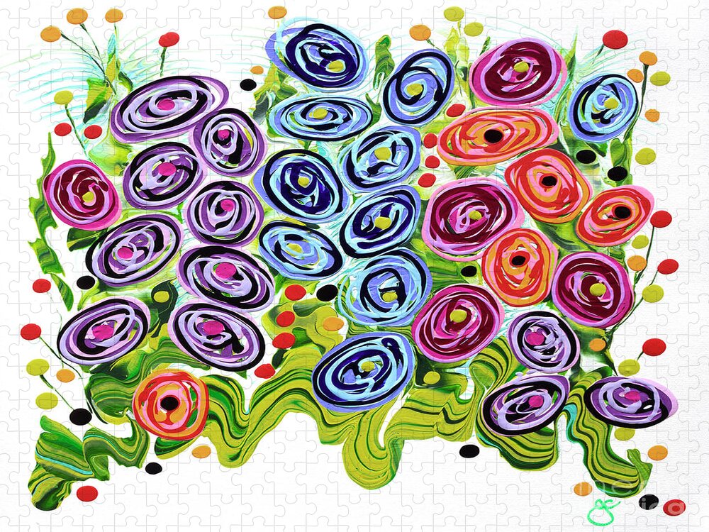 Fluid Acrylic Painting Jigsaw Puzzle featuring the painting Jelly Bean Flowers by Jane Crabtree